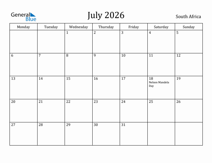 July 2026 Calendar South Africa