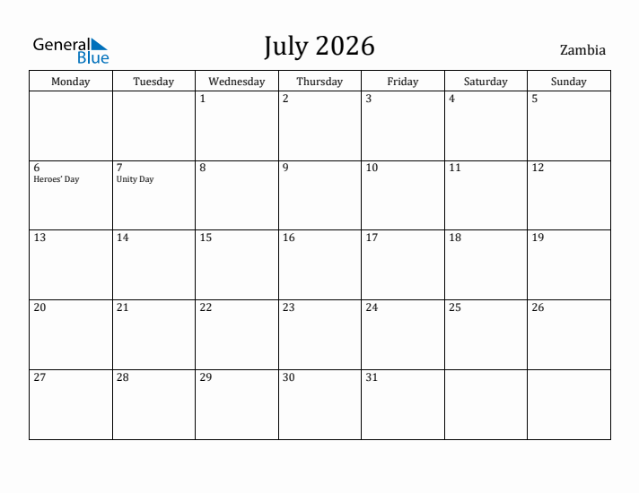 July 2026 Calendar Zambia