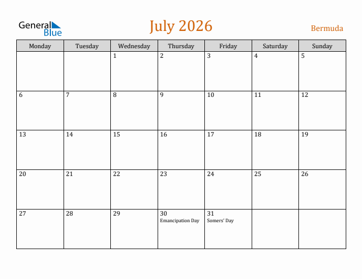 July 2026 Holiday Calendar with Monday Start