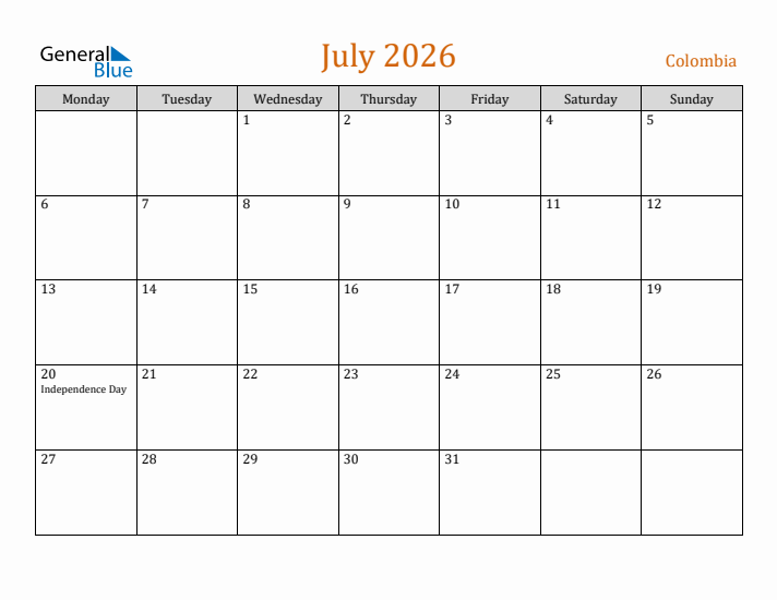 July 2026 Holiday Calendar with Monday Start