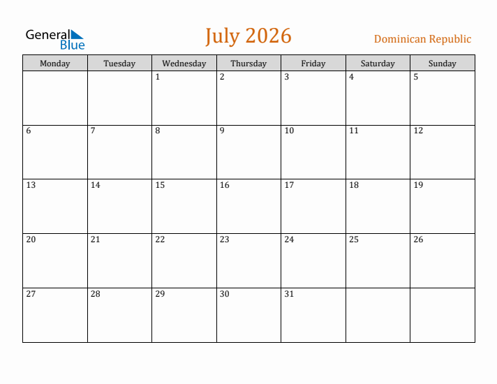 July 2026 Holiday Calendar with Monday Start