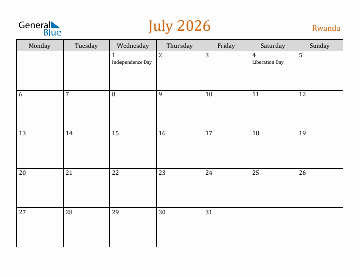 July 2026 Holiday Calendar with Monday Start