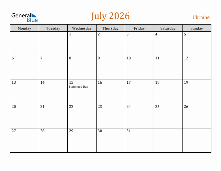 July 2026 Holiday Calendar with Monday Start