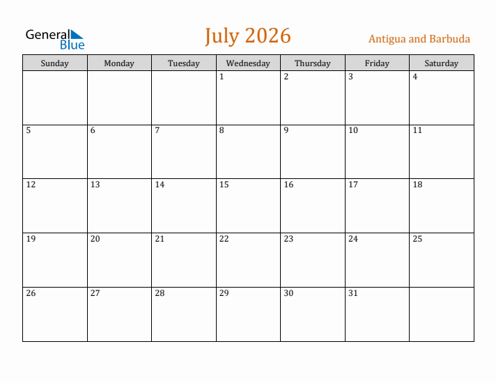 July 2026 Holiday Calendar with Sunday Start