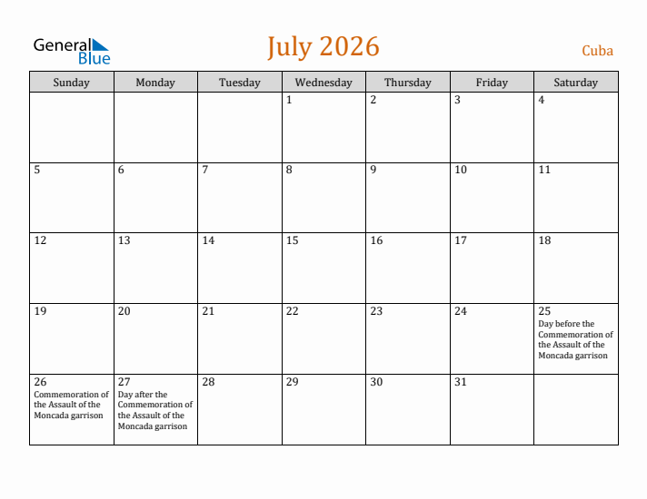 July 2026 Holiday Calendar with Sunday Start