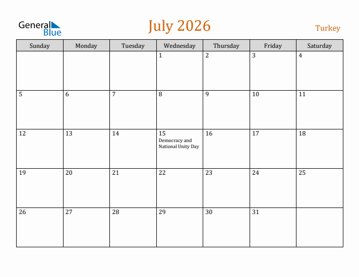 July 2026 Holiday Calendar with Sunday Start