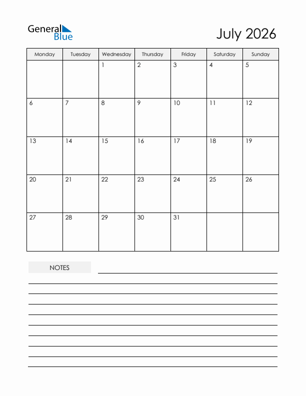 Printable Calendar with Notes - July 2026 