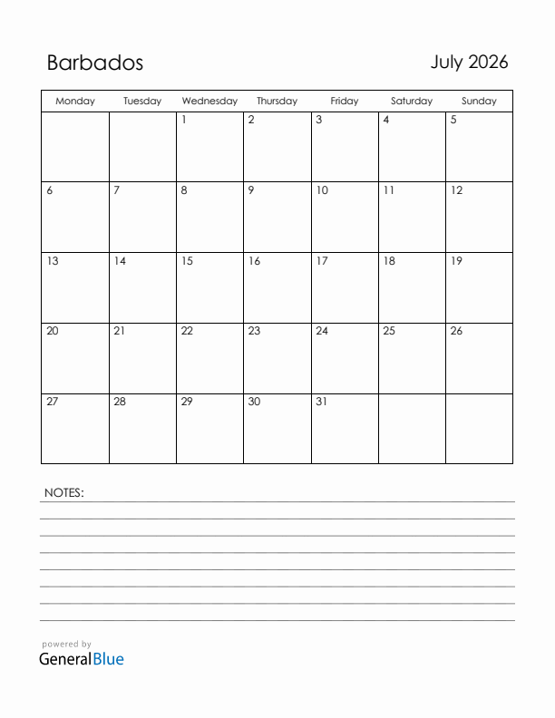 July 2026 Barbados Calendar with Holidays (Monday Start)