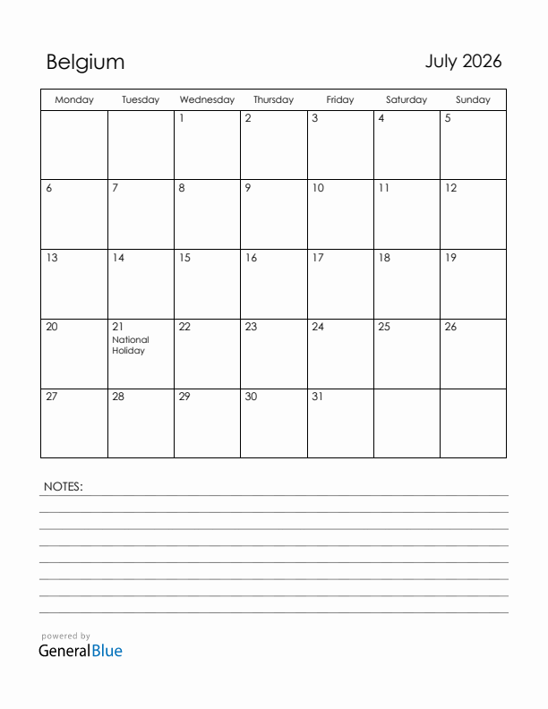 July 2026 Belgium Calendar with Holidays (Monday Start)