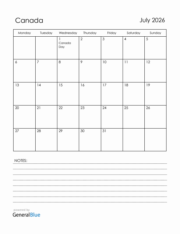 July 2026 Canada Calendar with Holidays (Monday Start)