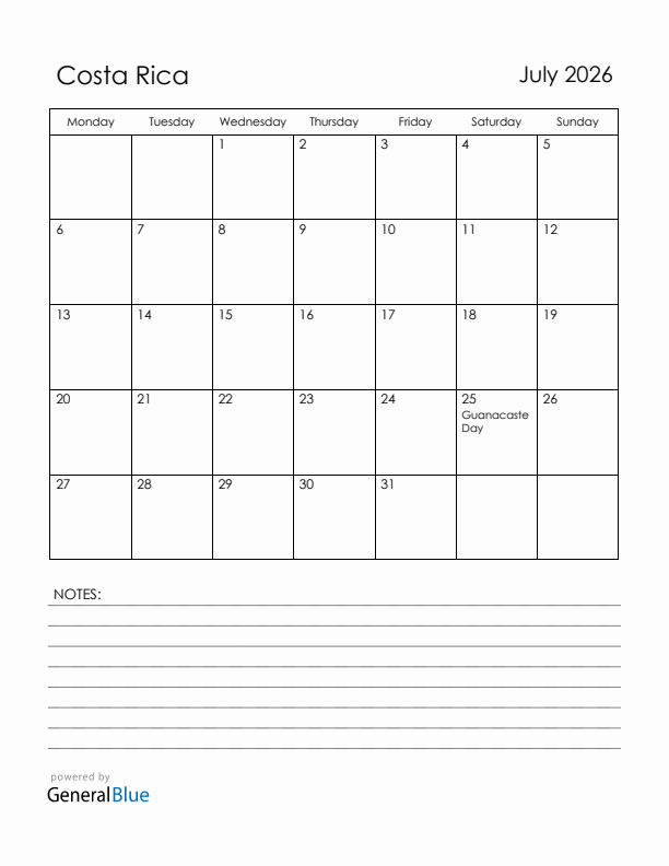 July 2026 Costa Rica Calendar with Holidays (Monday Start)