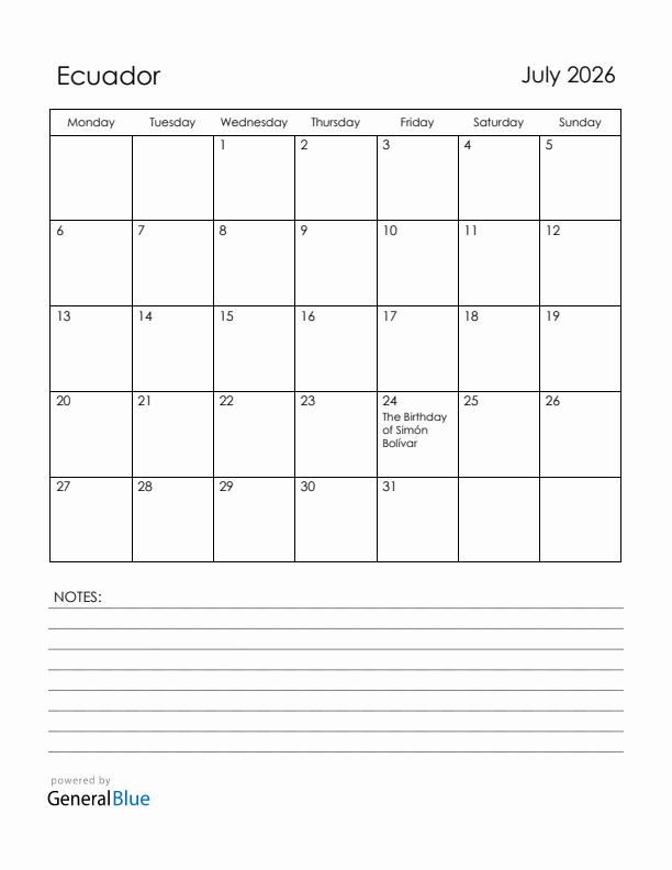 July 2026 Ecuador Calendar with Holidays (Monday Start)