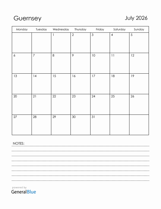 July 2026 Guernsey Calendar with Holidays (Monday Start)