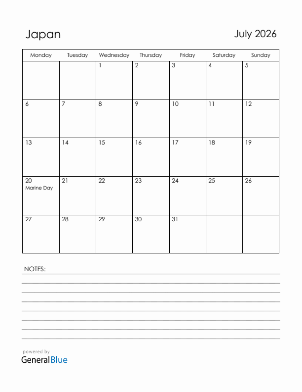 July 2026 Japan Calendar with Holidays (Monday Start)