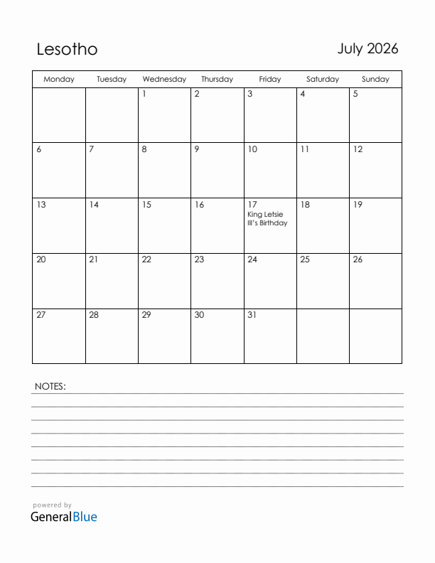 July 2026 Lesotho Calendar with Holidays (Monday Start)