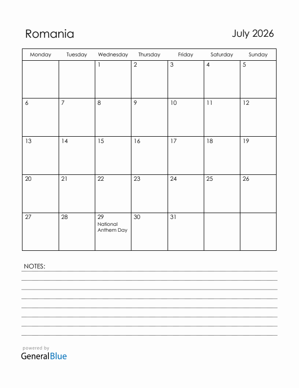 July 2026 Romania Calendar with Holidays (Monday Start)