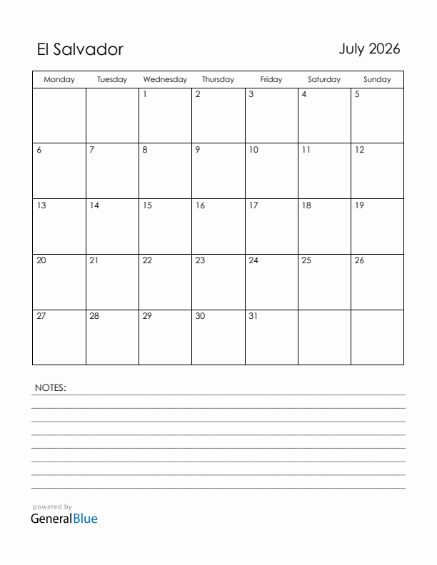 July 2026 El Salvador Calendar with Holidays (Monday Start)