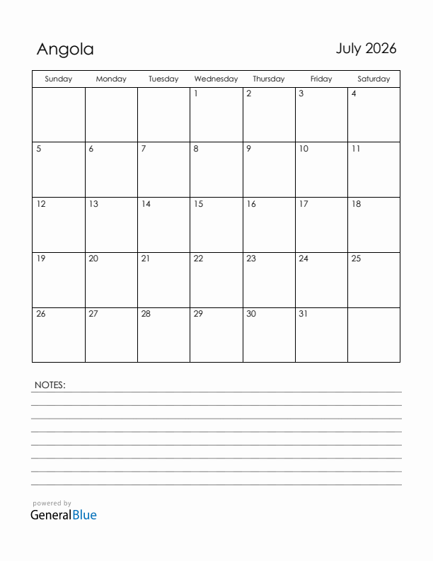 July 2026 Angola Calendar with Holidays (Sunday Start)