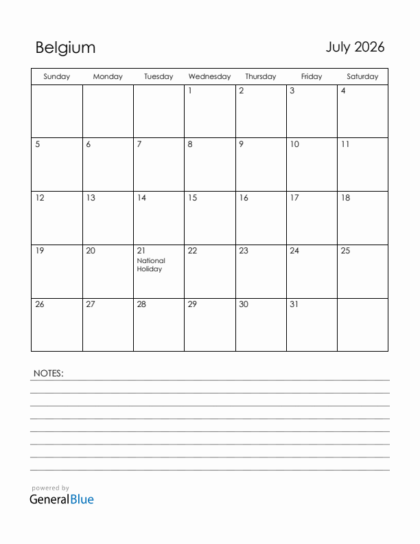 July 2026 Belgium Calendar with Holidays (Sunday Start)