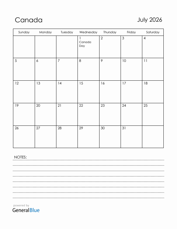 July 2026 Canada Calendar with Holidays (Sunday Start)