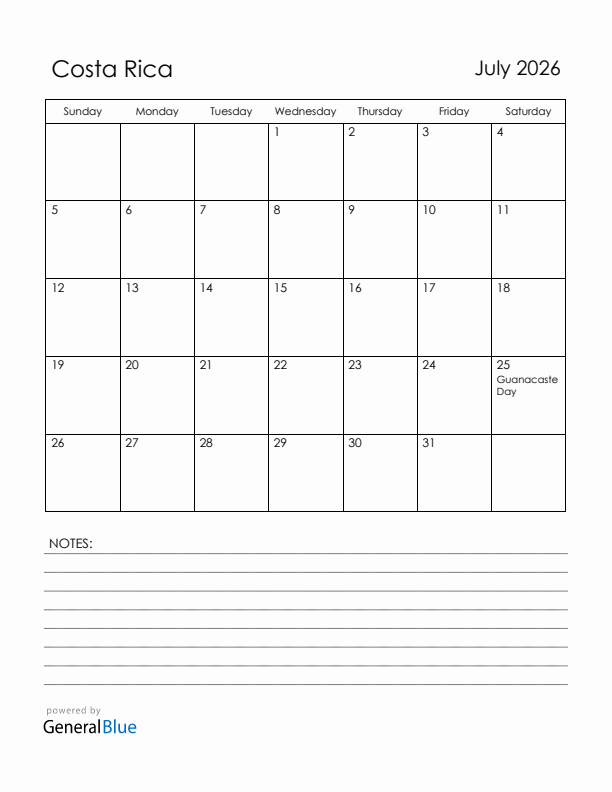 July 2026 Costa Rica Calendar with Holidays (Sunday Start)