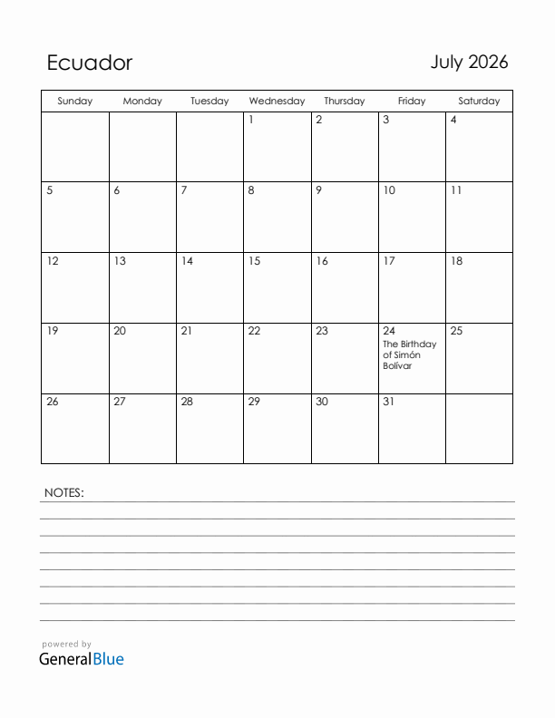 July 2026 Ecuador Calendar with Holidays (Sunday Start)