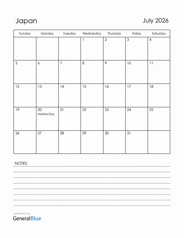 July 2026 Japan Calendar with Holidays (Sunday Start)