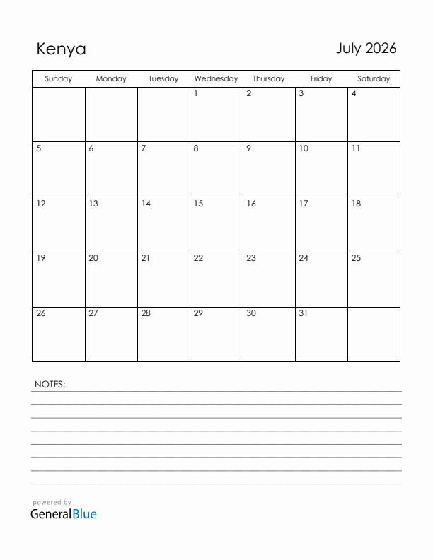 July 2026 Kenya Calendar with Holidays (Sunday Start)