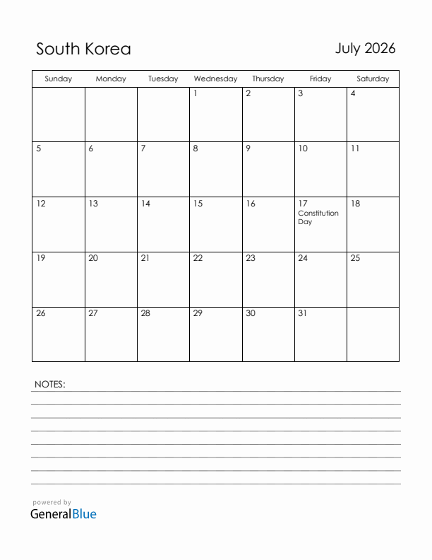 July 2026 South Korea Calendar with Holidays (Sunday Start)