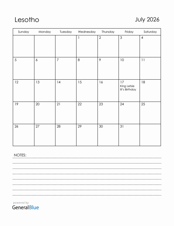 July 2026 Lesotho Calendar with Holidays (Sunday Start)