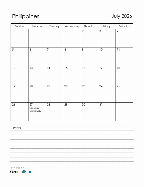 July 2026 Philippines Calendar with Holidays (Sunday Start)