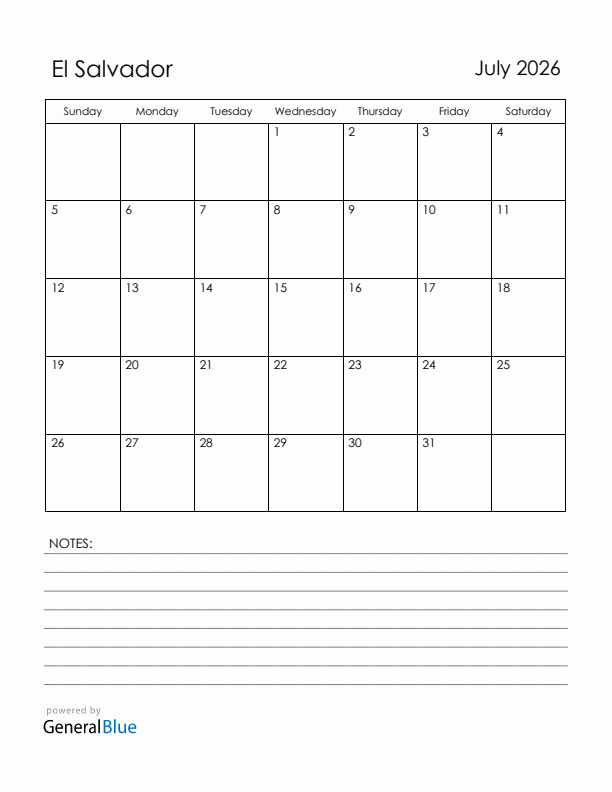 July 2026 El Salvador Calendar with Holidays (Sunday Start)