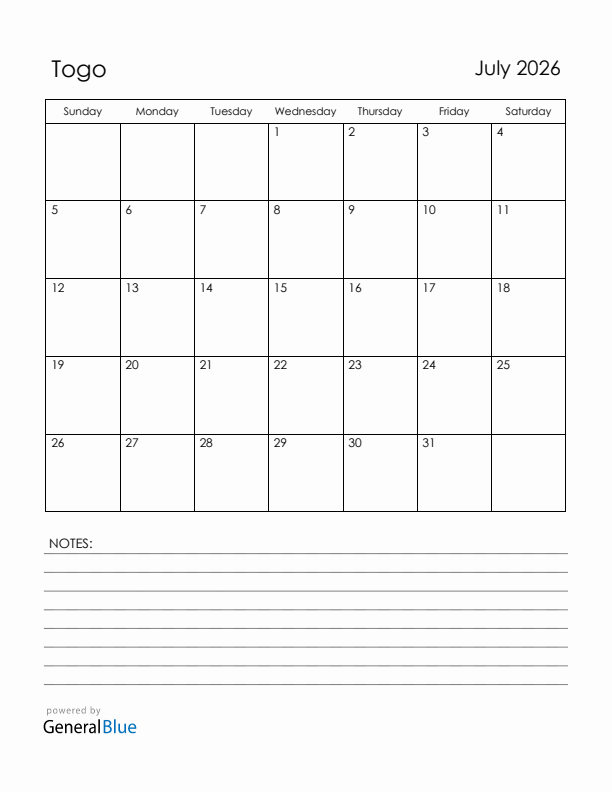 July 2026 Togo Calendar with Holidays (Sunday Start)