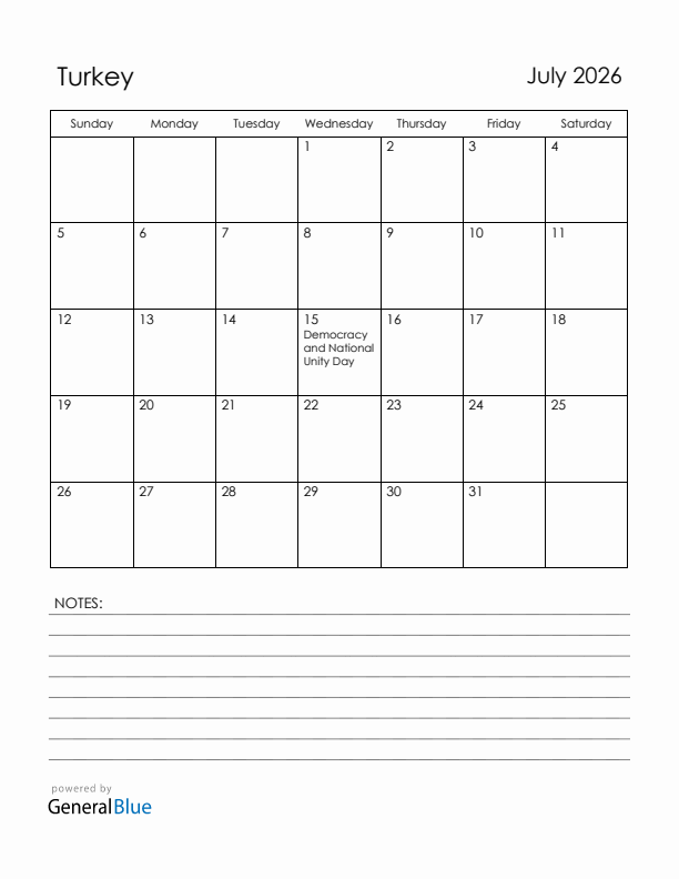 July 2026 Turkey Calendar with Holidays (Sunday Start)