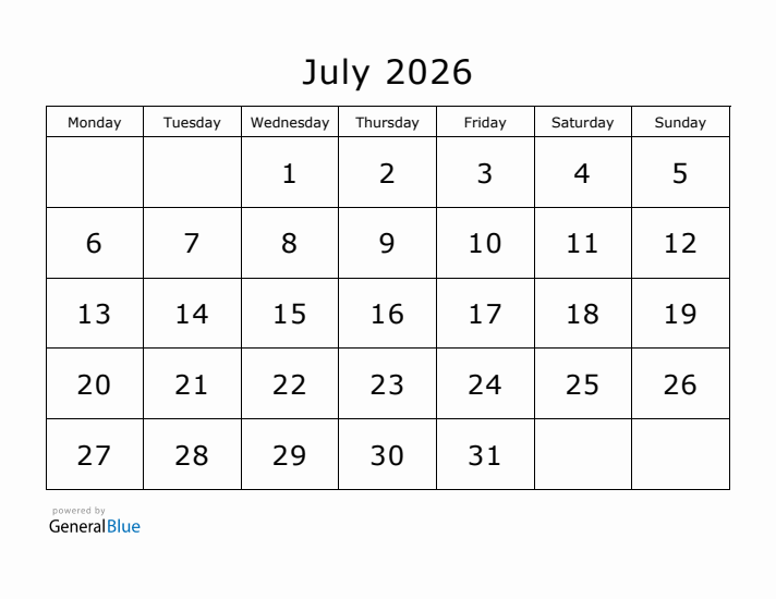 Printable July 2026 Calendar - Monday Start