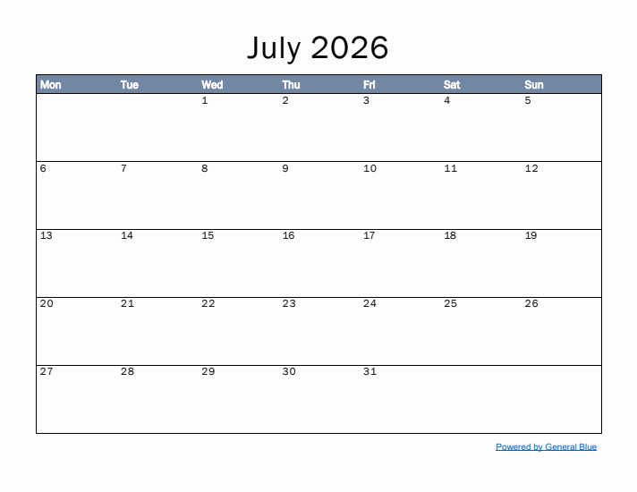 July 2026 Simple Month Calendar Template