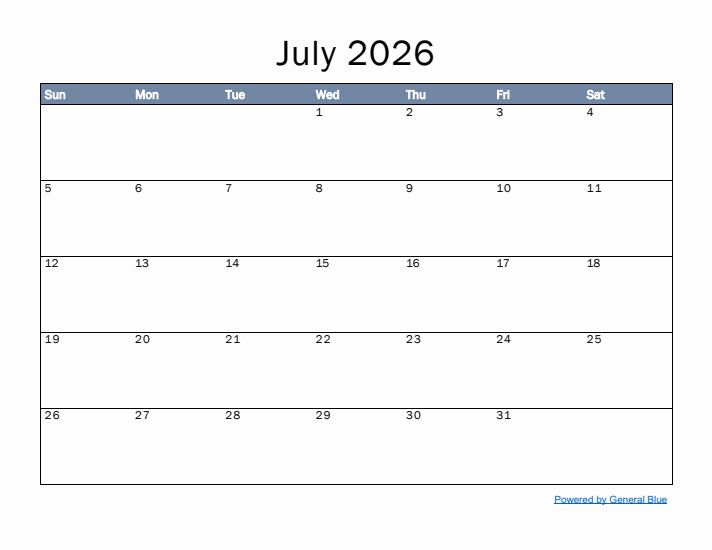 July 2026 Simple Month Calendar Template