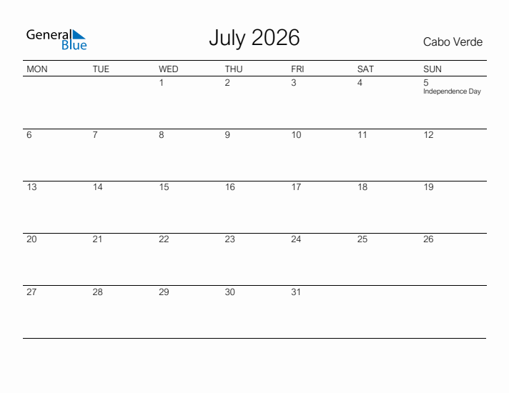 Printable July 2026 Calendar for Cabo Verde