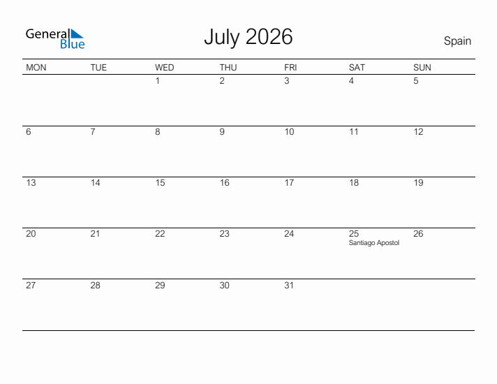 Printable July 2026 Calendar for Spain