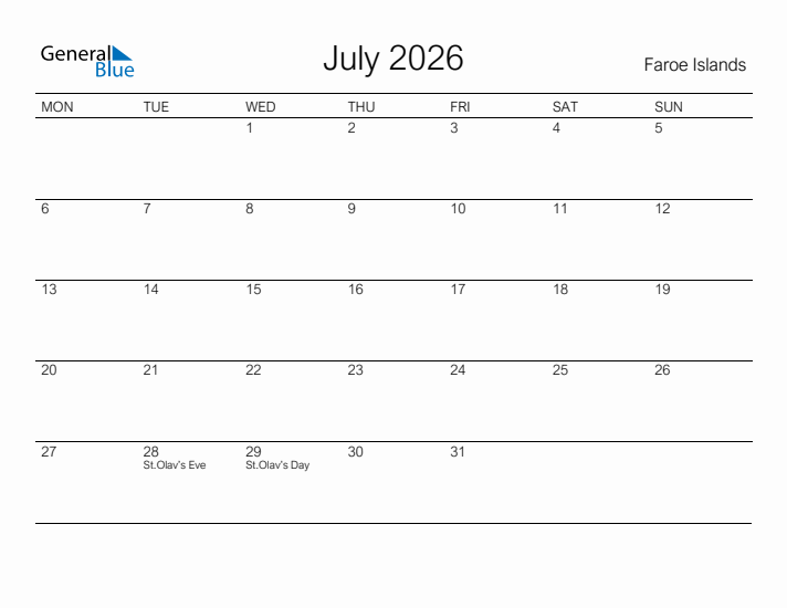 Printable July 2026 Calendar for Faroe Islands