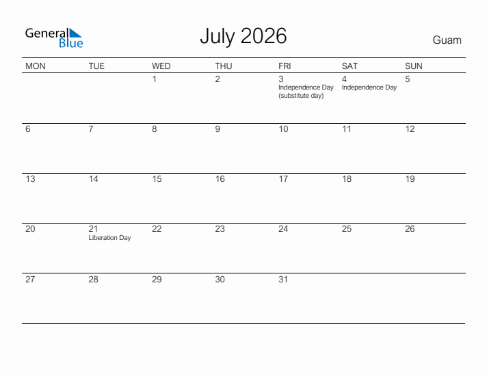 Printable July 2026 Calendar for Guam