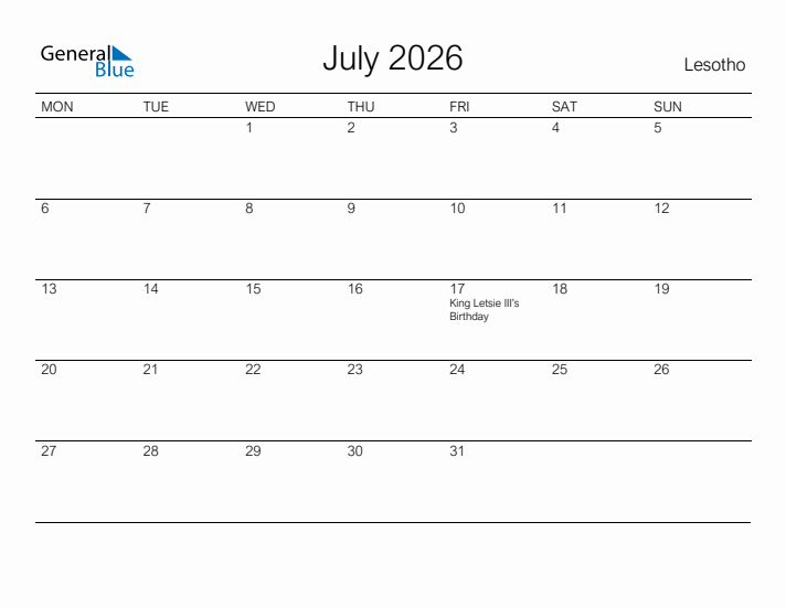 Printable July 2026 Calendar for Lesotho