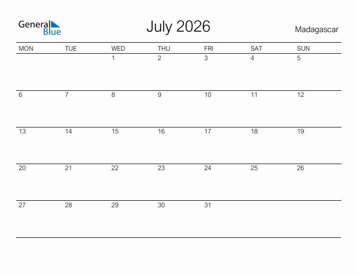 Printable July 2026 Calendar for Madagascar