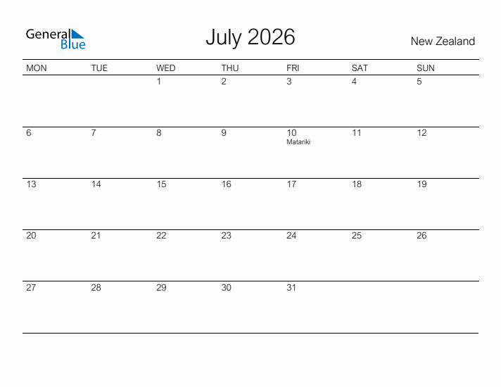 Printable July 2026 Calendar for New Zealand