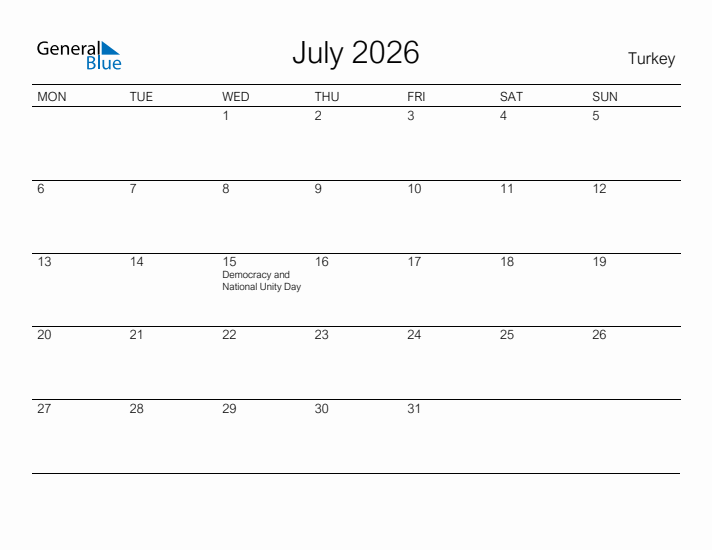 Printable July 2026 Calendar for Turkey