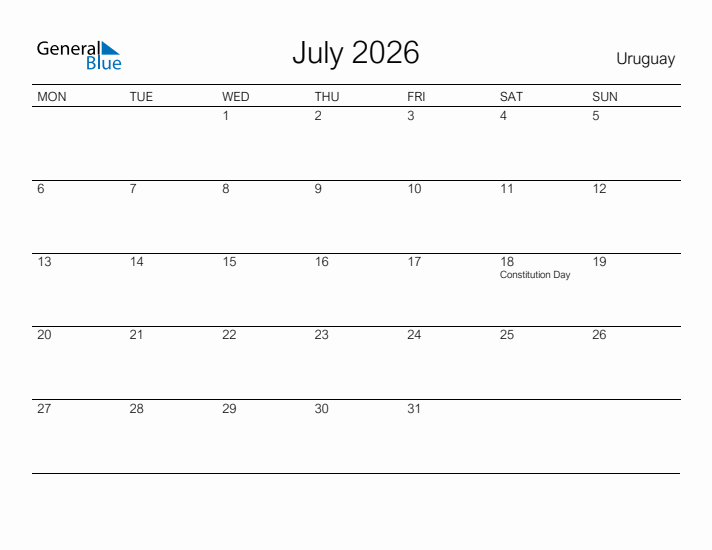 Printable July 2026 Calendar for Uruguay