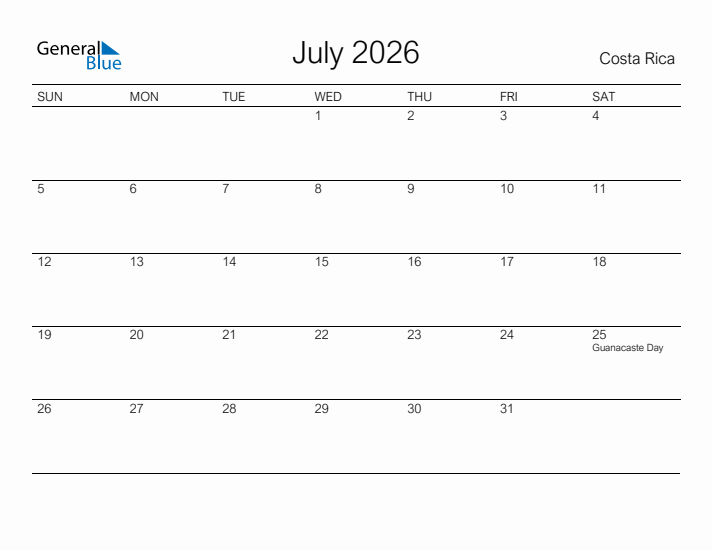 Printable July 2026 Calendar for Costa Rica