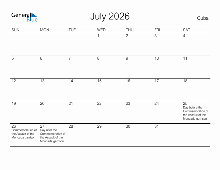 Printable July 2026 Calendar for Cuba