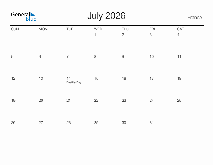 Printable July 2026 Calendar for France