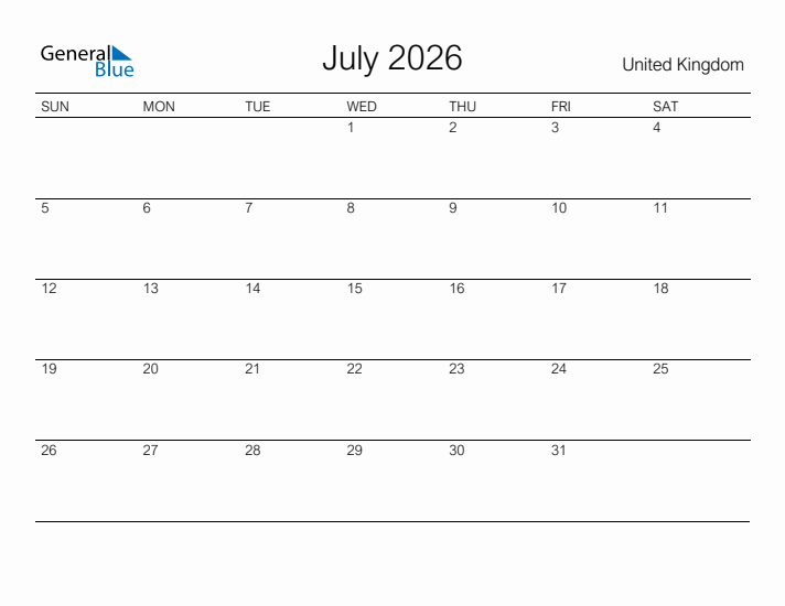 Printable July 2026 Calendar for United Kingdom